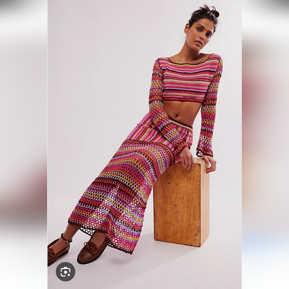 New Free People Multicolor Crochet A-Line Skirt And Top Very Beautiful Set. - Picture 2 of 13